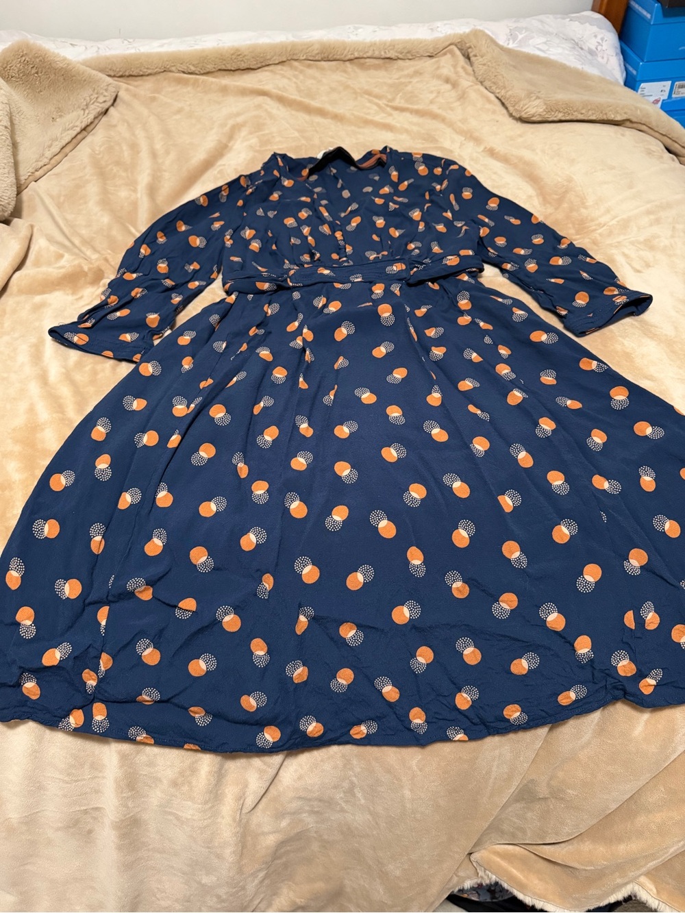 Boden Navy Blue Dress with Orange Dot Print